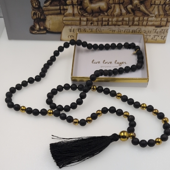 Gorjana Hannah Drusy Black and Gold Beaded Necklace with Tassel Mana Beads - Picture 1 of 7